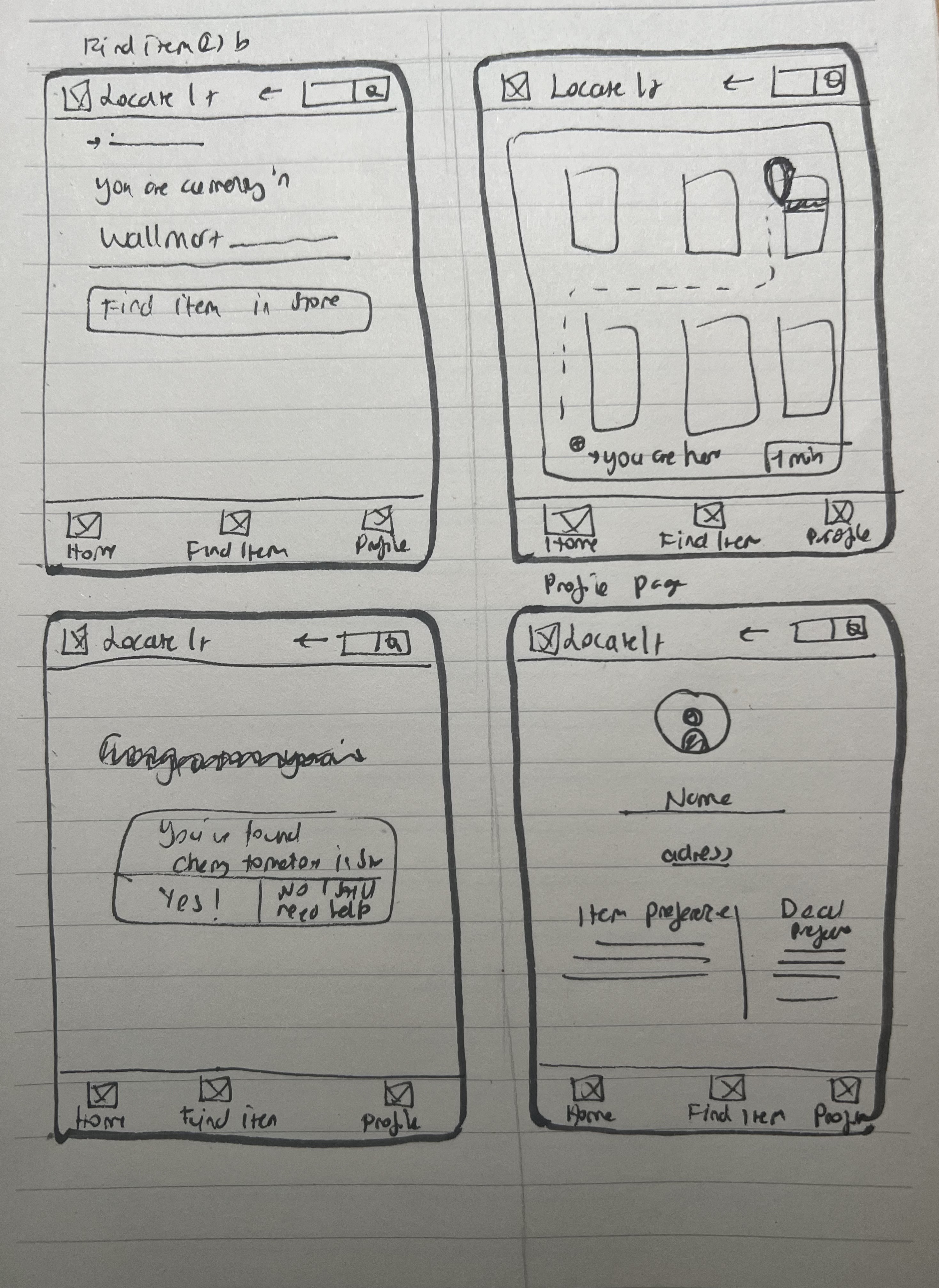 Wireframes for LocateIt sketched on paper