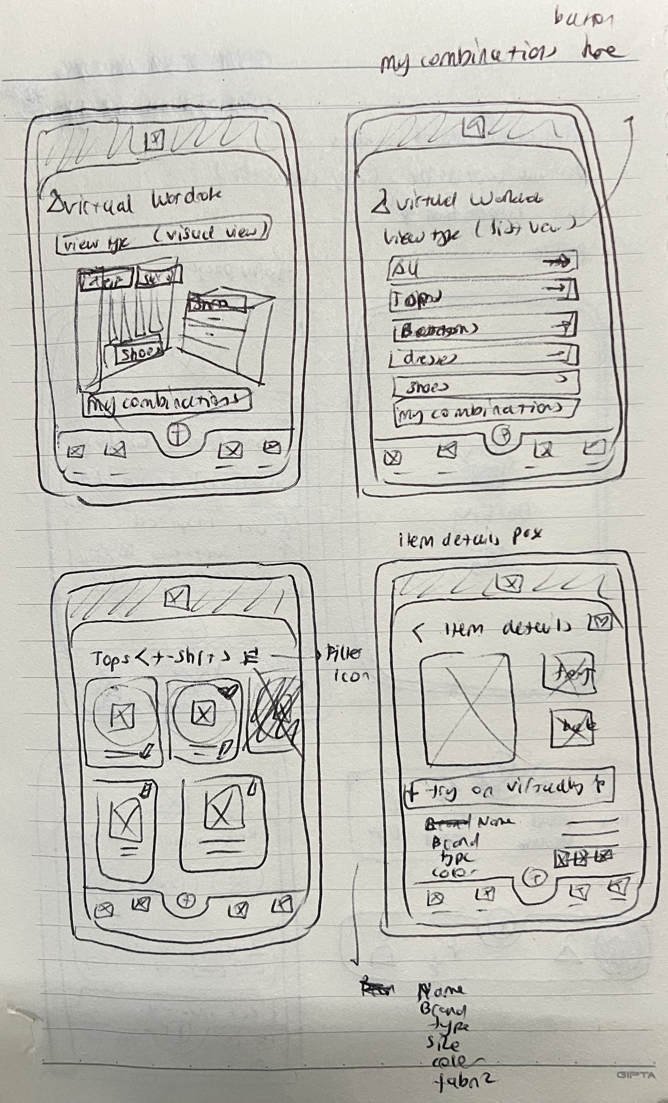 Wireframes for Outfitly sketched on paper